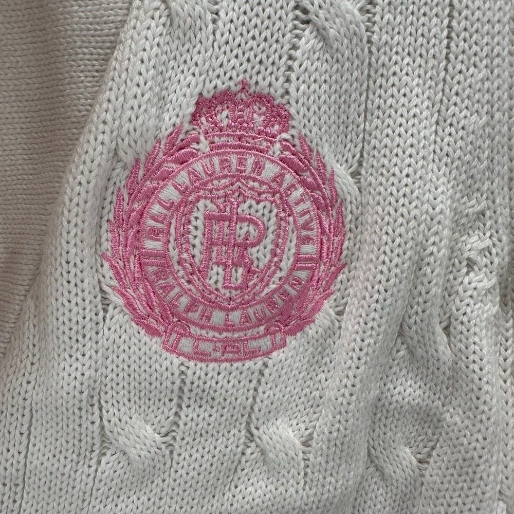Lauren Ralph Lauren Womens L Cable Knit Cardigan Pink Stripe Crest Heritage NWT - Picture 9 of 10